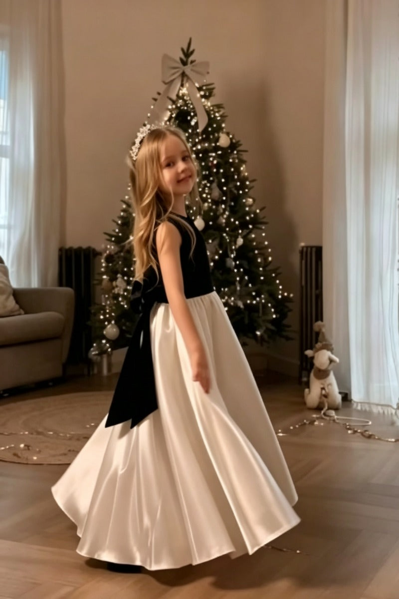 A-Line Satin Contrast Bodice with Bow Flower Girl Dresses 1009958013678