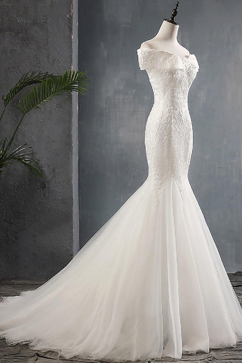 Trumpet-Mermaid Sweep-Brush Train Lace Tulle Wedding Dress 679380968083 - COCOMELODY