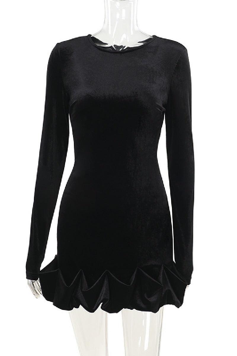 Velvet round neck three-dimensional pleated hem cocktail dress 839933653307 - COCOMELODY