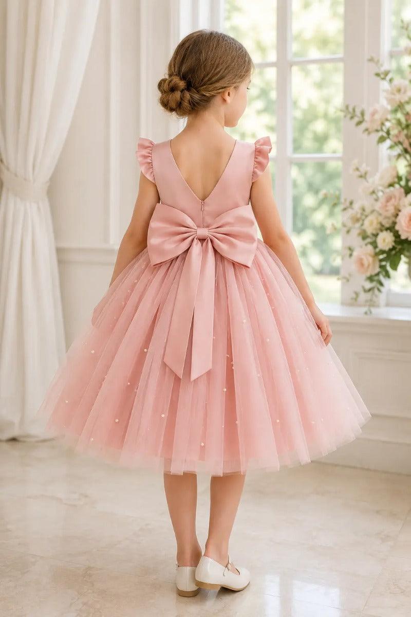Tulle Pearl Bow Back Knee Length Ruffle Cap Sleeve Flower Girl Dresses 652115065250 - 7 Days / Pink / 73cm - COCOMELODY