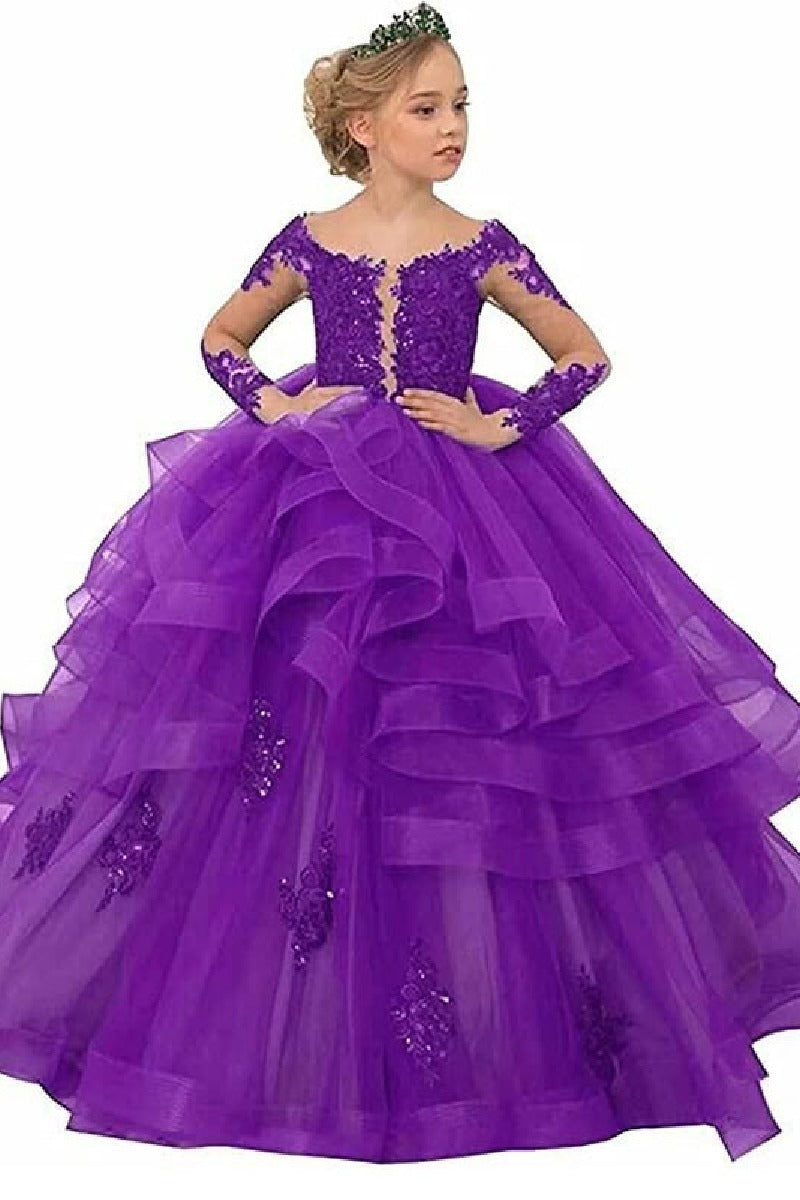 A-Line Off The Shoulder Long Sleeve Tulle Floor Length Flower Girl Dresses 617925271837