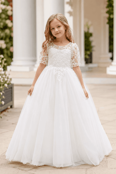 A-Line Lace Sleeve Round Neck Tulle V-Back Flower Girl Dresses 997761158002 - 7 Days / Ivory / 130cm - COCOMELODY