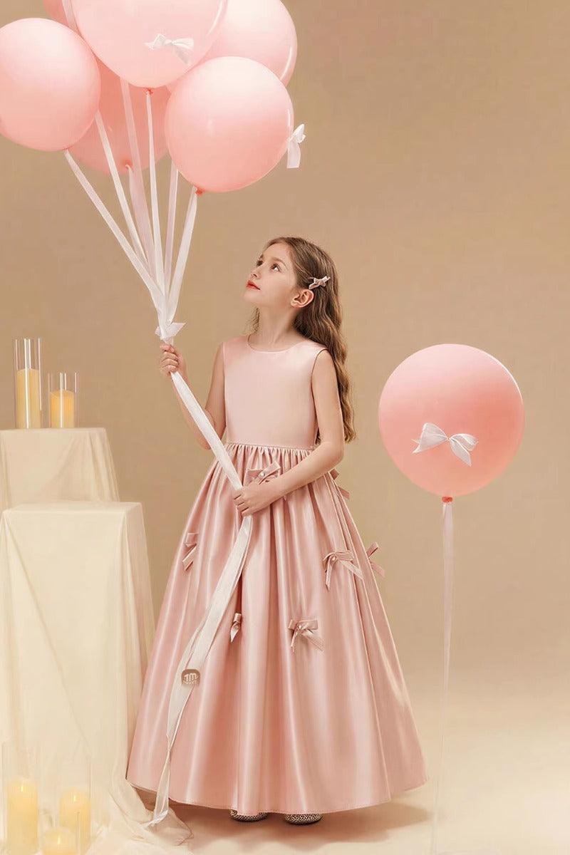 A-Line Satin Sleeveless Scattered Bow Details Flower Girl Dresses 1035117092057 - 10 Days / As Picture / 90cm - COCOMELODY