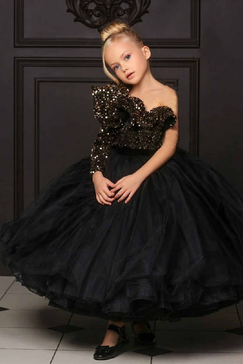 Ball Gown One Shoulder Long Sleeve Ankle Length Tulle Ruffled Sequin Bust Flower Girl Dresses 750104605618