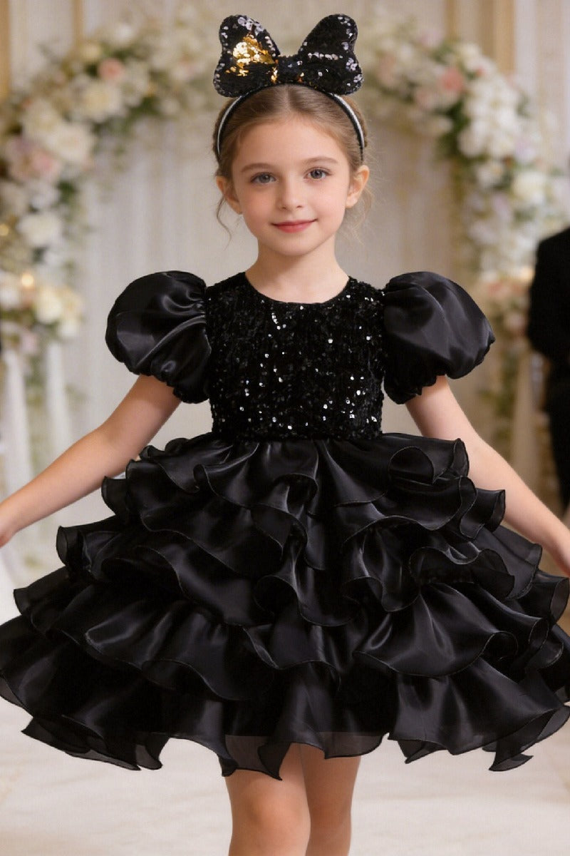 Princess Round Neck Puff Sleeve Sequin Ruffled Organza Knee Length Flower Girl Dresses 1029252510739