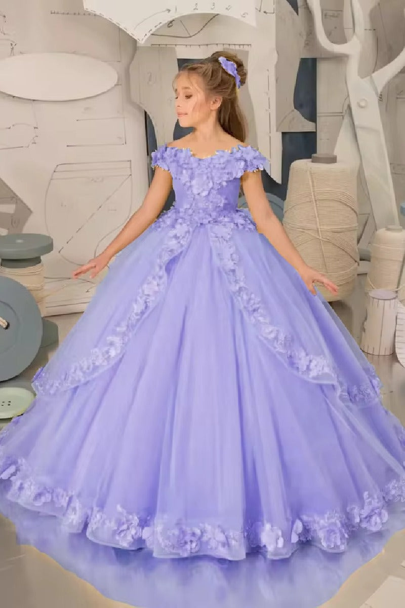 A-Line Off The Shoulder Cap Sleeve Tulle Court Train Flower Girl Dresses 905552294527