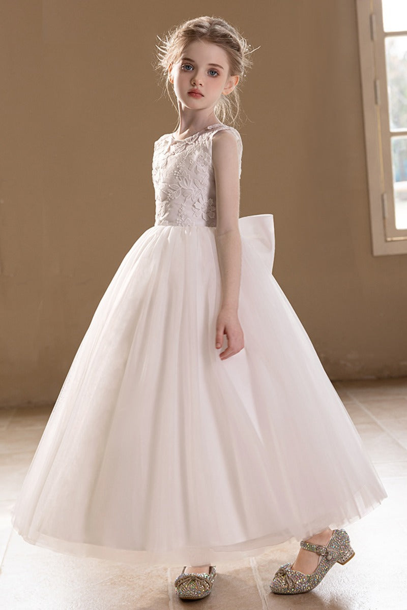 A-Line Sleeveless Sheer Back Bow Tulle Floor Length Flower Girl Dresses 915610270037