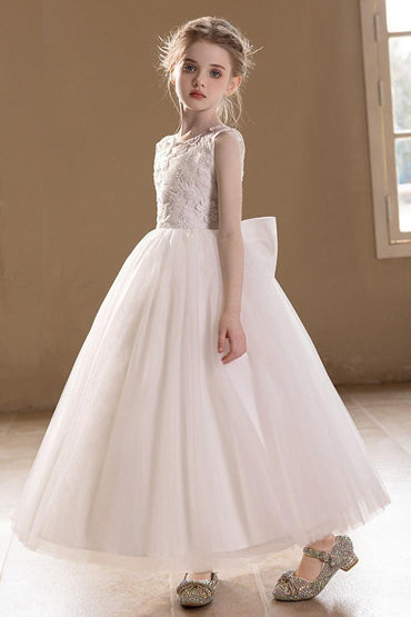 A-Line Sleeveless Sheer Back Bow Tulle Floor Length Flower Girl Dresses 915610270037 - 7 Days / White / 8Y - COCOMELODY