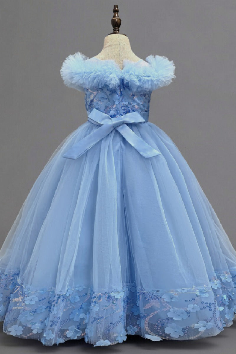 A-Line Off The Shoulder Sleeves Floor Length Tulle Flower Girl Dresses 1050836973299