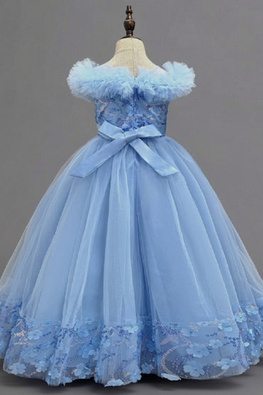 A-Line Off The Shoulder Sleeves Floor Length Tulle Flower Girl Dresses 1050836973299