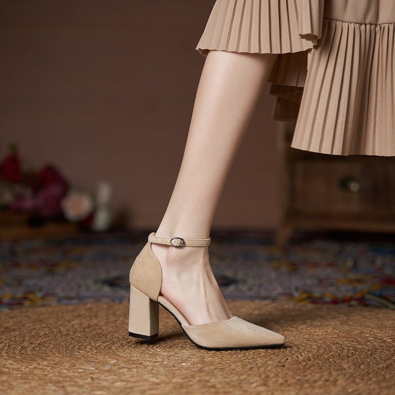 Suede Pointed Toe Block Heel Pumps Ankle Strap Elegant Shoes 695304002209