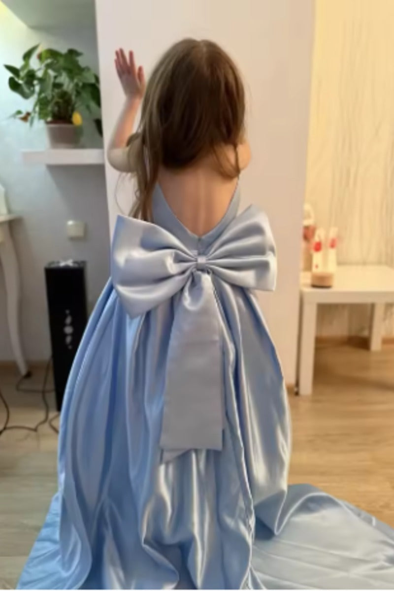 Elegant Satin Spaghetti Straps Back Big Bow Flower Girl Dresses 943918273899