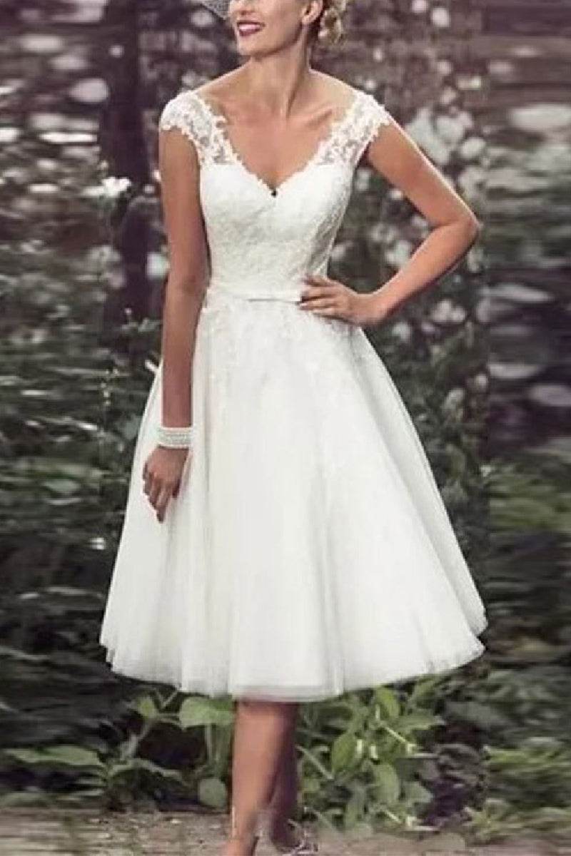 A-Line Tea Length Tulle Little White Dress 100054 - COCOMELODY
