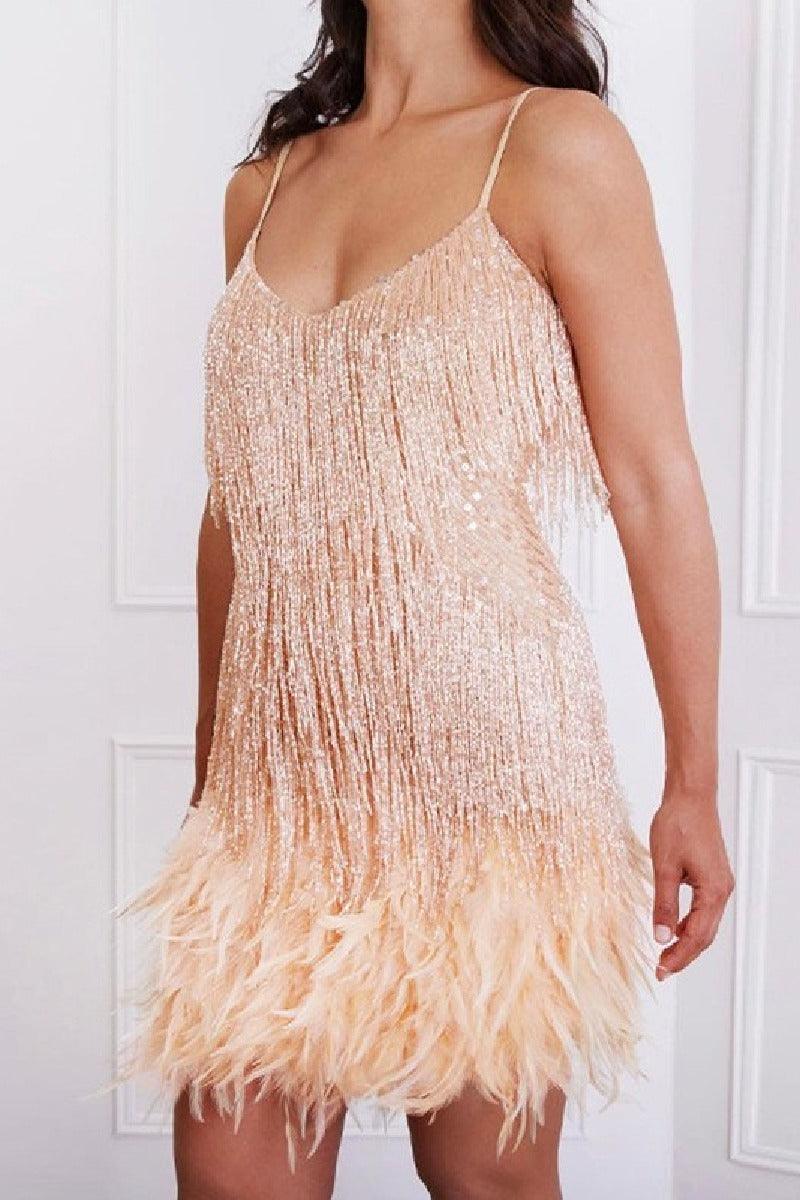 Fringed sequin sexy V-neck cocktail dress 715257715853 - COCOMELODY