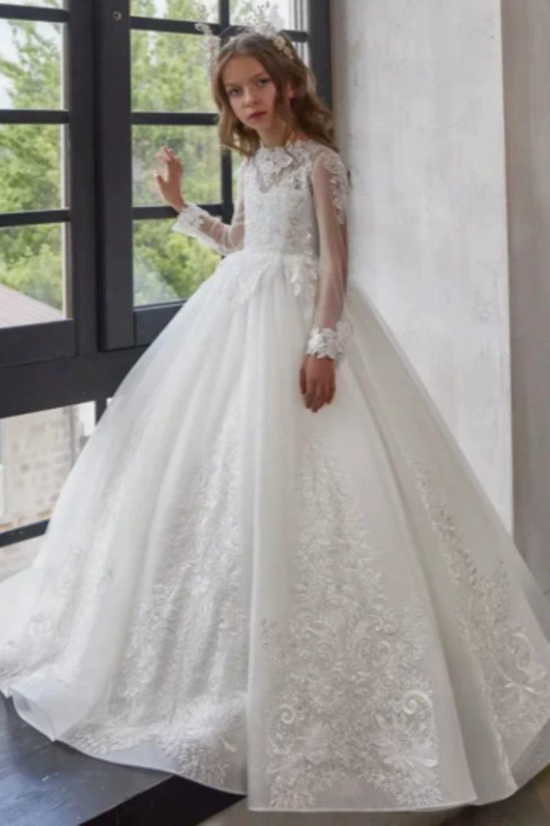 High Neck Lace Floral Embroidery Tulle Flower Girl Dress 764432687815 - 10 Days / White / 2 - COCOMELODY