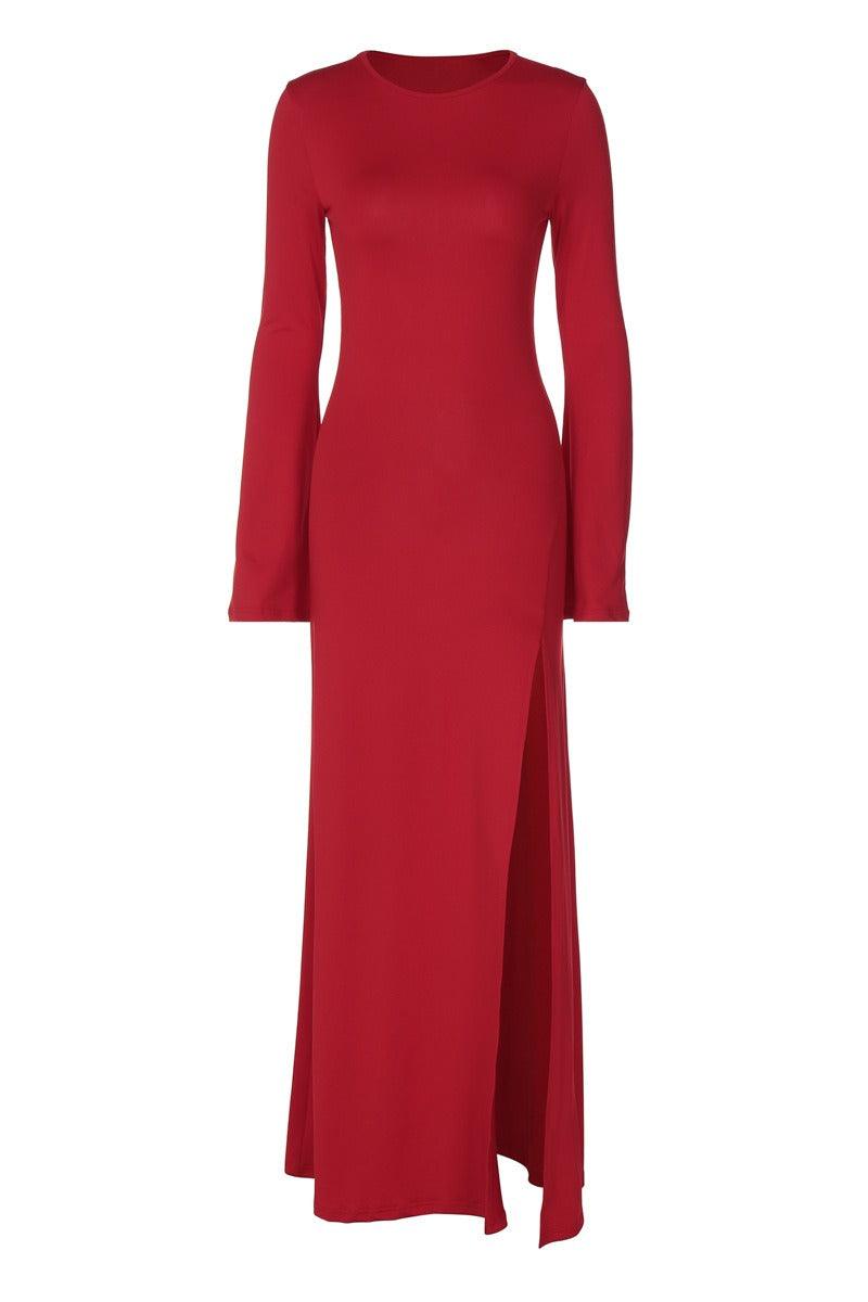 Stylish slim solid color split sexy long-sleeved cocktail dress 843450104064 - COCOMELODY