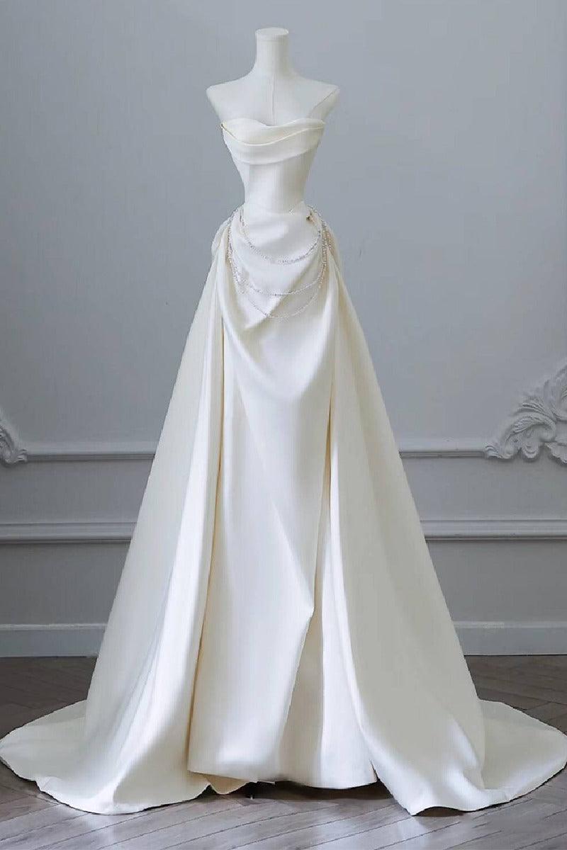 A-Line Sweep-Brush Train Satin Wedding Dress 827070473269 - COCOMELODY