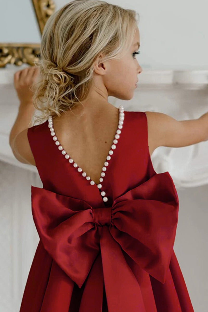 Satin Pearl Trim Deep V-Back Bow Floor Length Flower Girl Dresses 912220986900