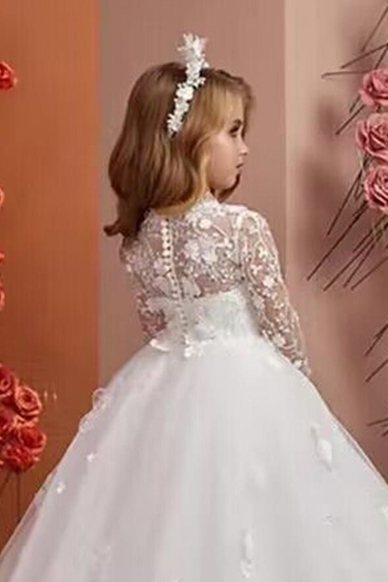 Ball Gown Illusion Round Neck Full Sheer Lace Long Sleeves Tulle Sweep-Brush Train Flower Girl Dresses 771181198778