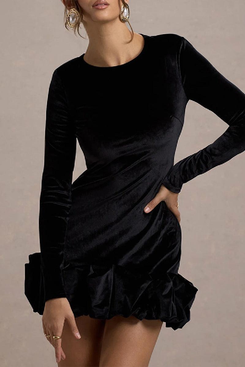 Velvet round neck three-dimensional pleated hem cocktail dress 839933653307 - COCOMELODY