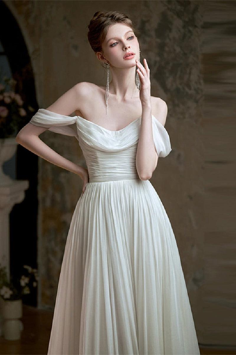 A-Line Sweep-Brush Train Chiffon Wedding Dress 811880629978 - COCOMELODY