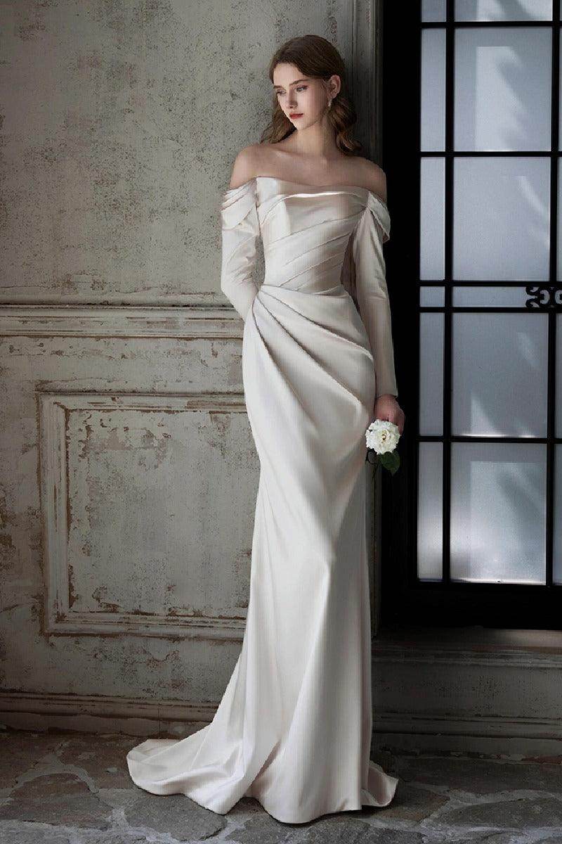 Sheath-Column Sweep-Brush Train Satin Wedding Dress 851237427674 - COCOMELODY