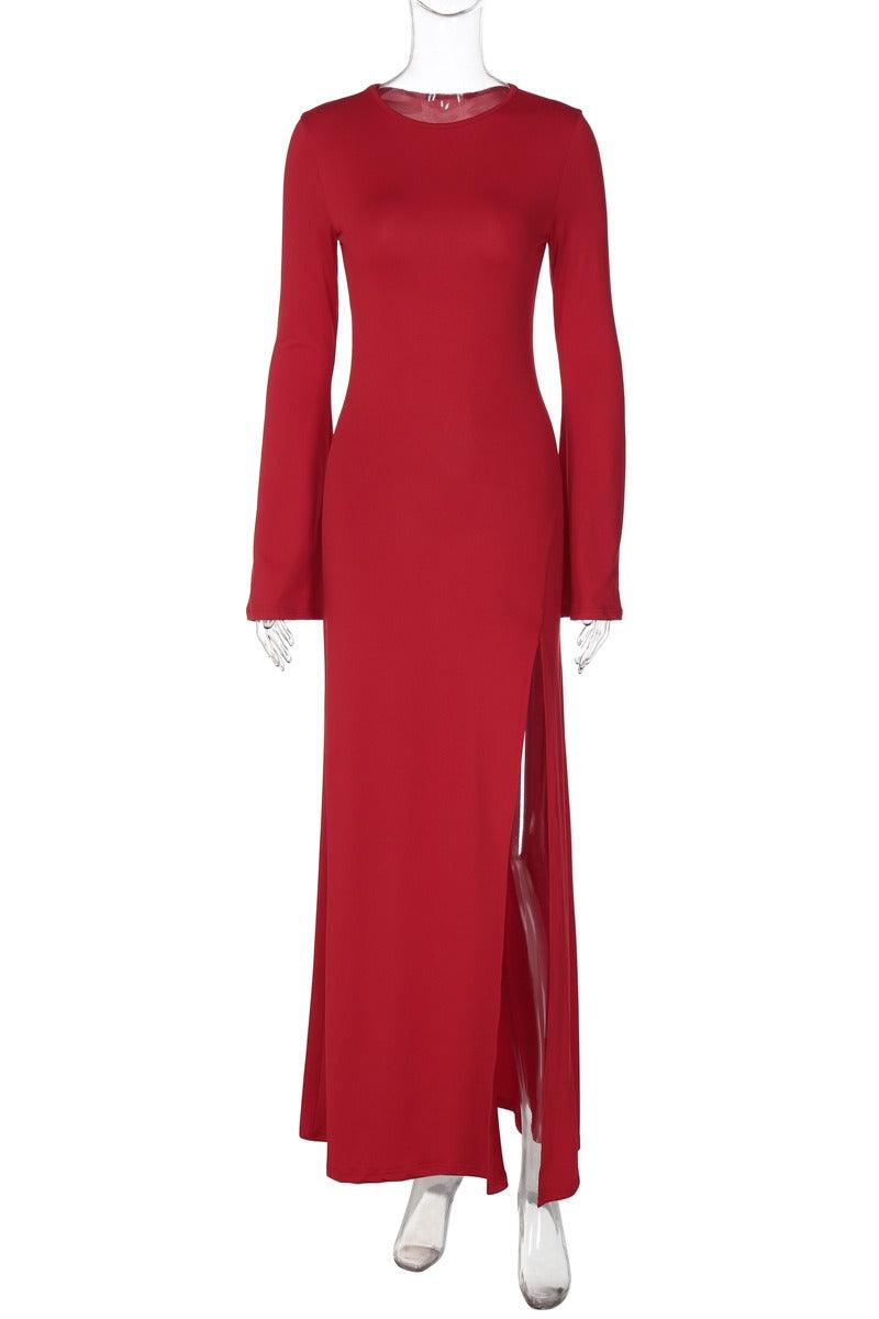 Stylish slim solid color split sexy long-sleeved cocktail dress 843450104064 - COCOMELODY