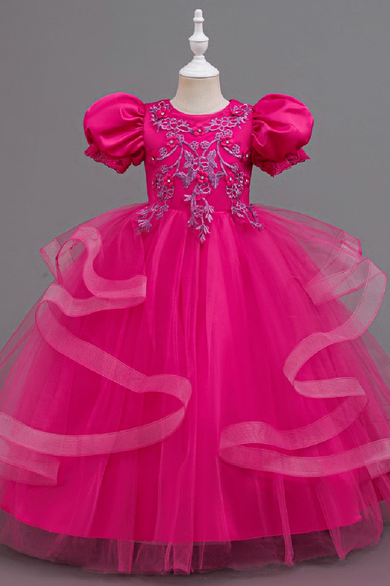 A-Line Round Neck Puff Short Sleeve Ruffled Tulle Floor-Length Flower Girl Dresses 1048500986721