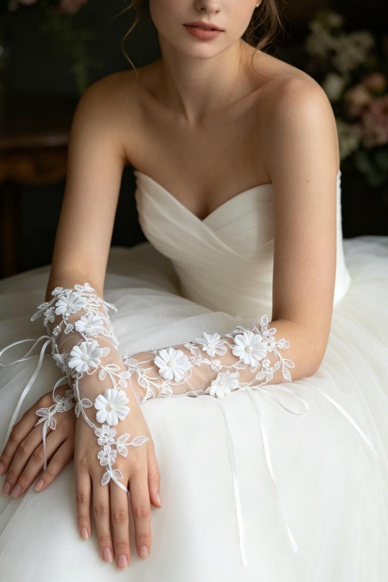 Floral Lace Fingerless Pearl Wedding Gloves 1070895243014 - 7 Days / Ivory - COCOMELODY