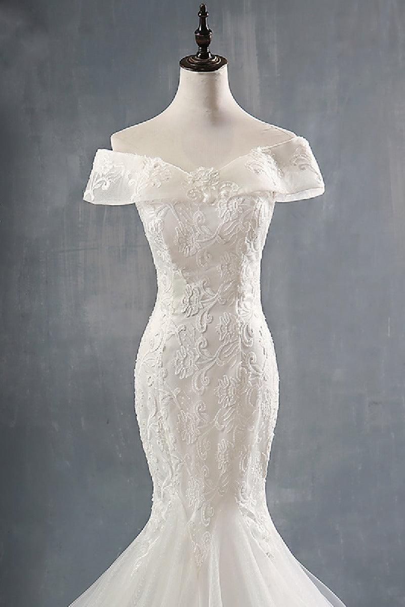 Trumpet-Mermaid Sweep-Brush Train Lace Tulle Wedding Dress 679380968083 - COCOMELODY