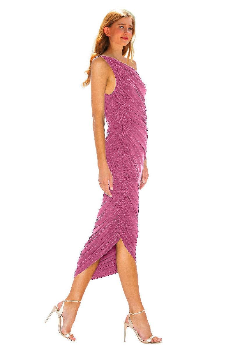 Silver wire pleated oblique shoulder cocktail dress 752479154321 - COCOMELODY