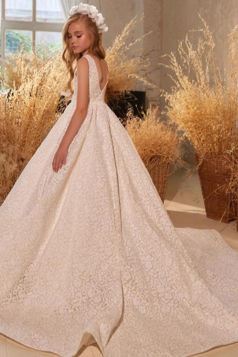 A-Line Square Neck Lace Court Train Flower Girl Dresses 673565263333