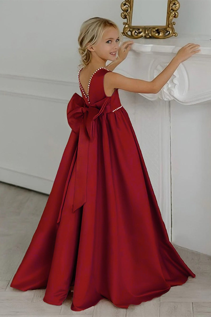 Satin Pearl Trim Deep V-Back Bow Floor Length Flower Girl Dresses 912220986900