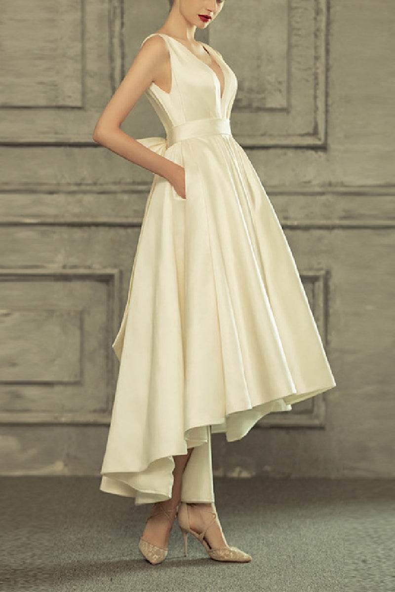 A-Line High-Low Satin Little White Dress 100066 - COCOMELODY