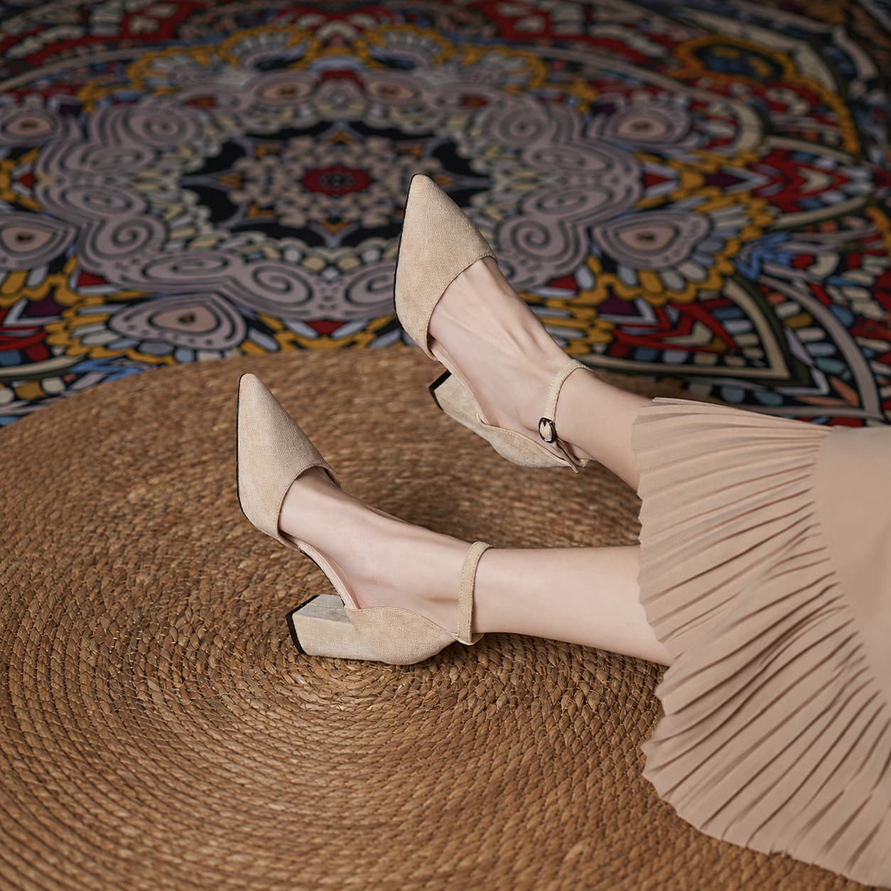 Suede Pointed Toe Block Heel Pumps Ankle Strap Elegant Shoes 695304002209