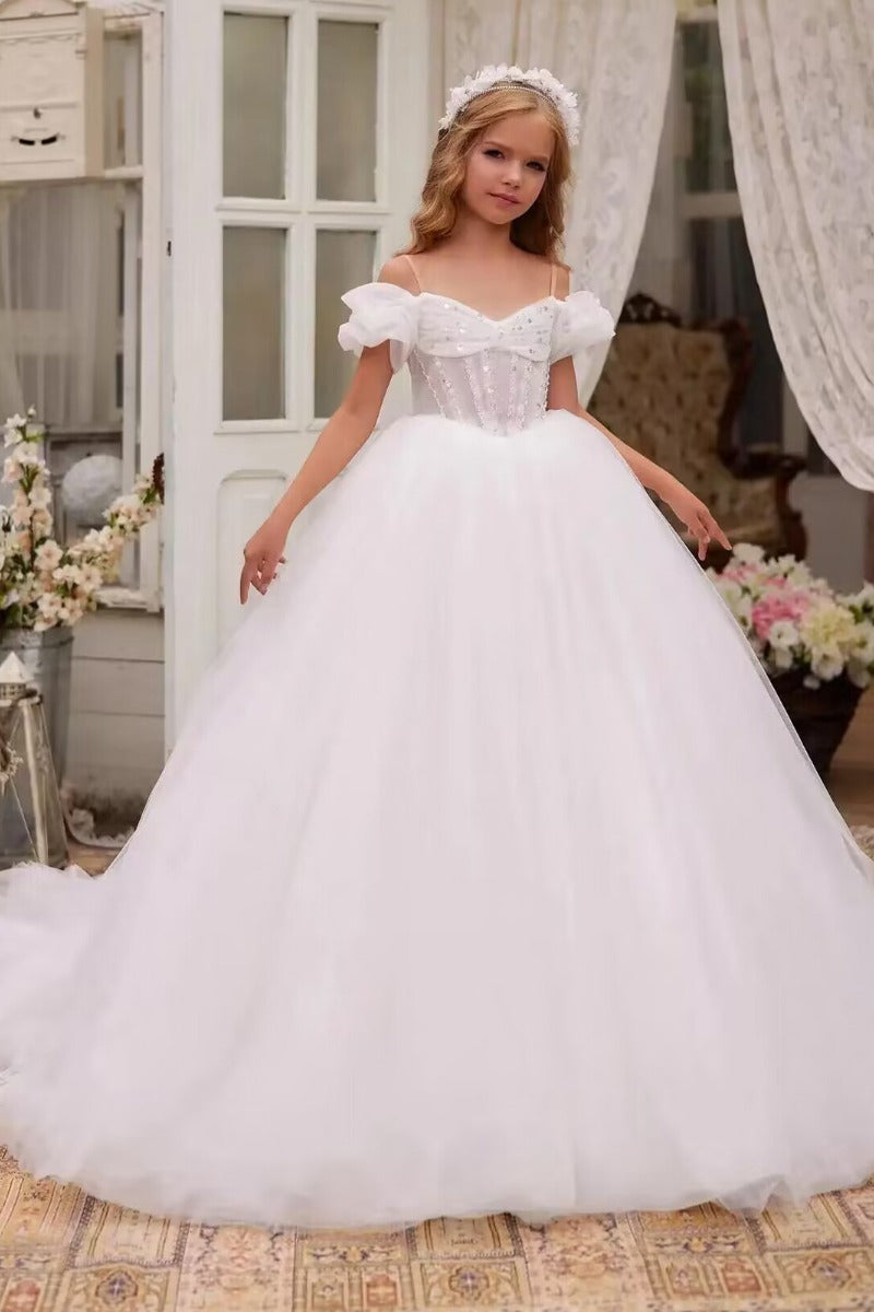 Off-Shoulder Puff Sleeve Corset Tulle Flower Girl Dresses 788863068858