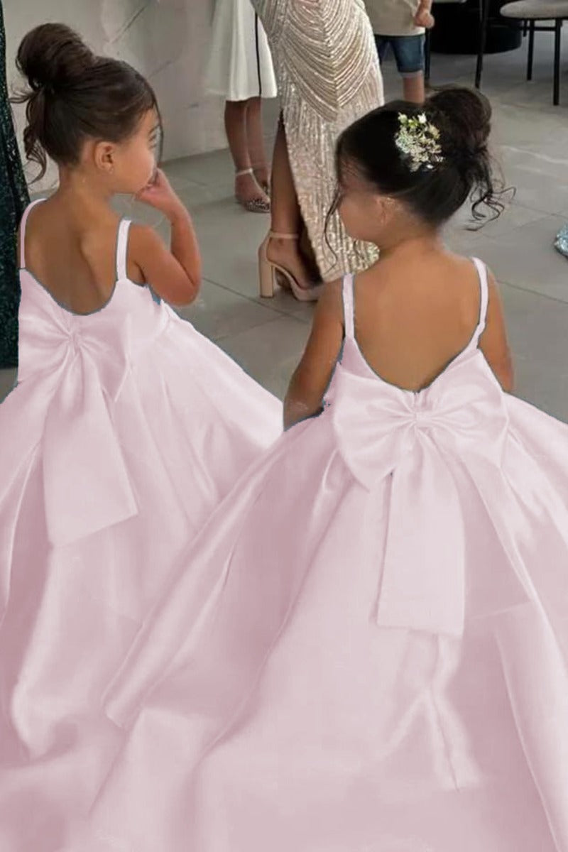 Elegant Satin Spaghetti Straps Back Big Bow Flower Girl Dresses 943918273899