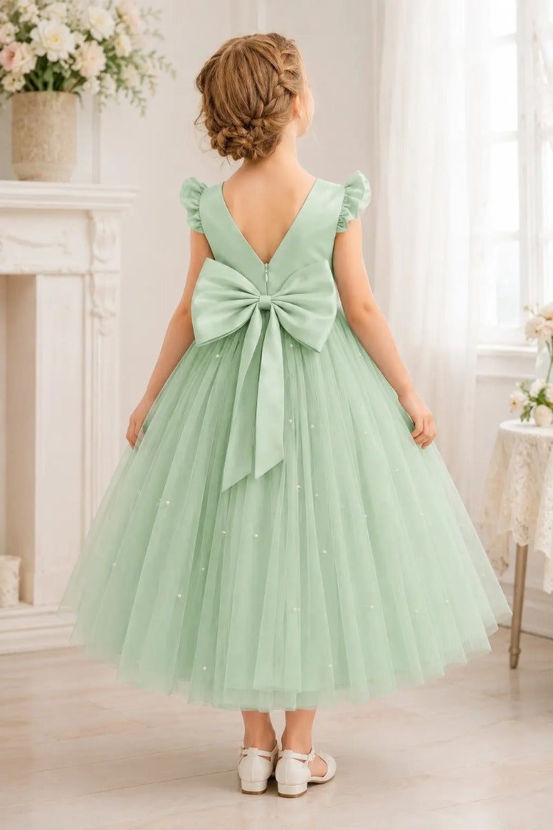Tulle Pearl Bow Back Knee Length Ruffle Cap Sleeve Flower Girl Dresses 652115065250
