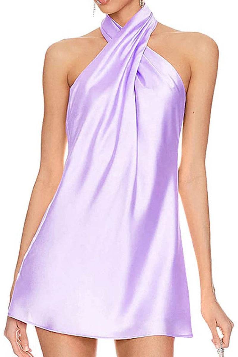 Short Mini Halter Satin Cocktail Wedding Guest Dresses 719578082098 - COCOMELODY