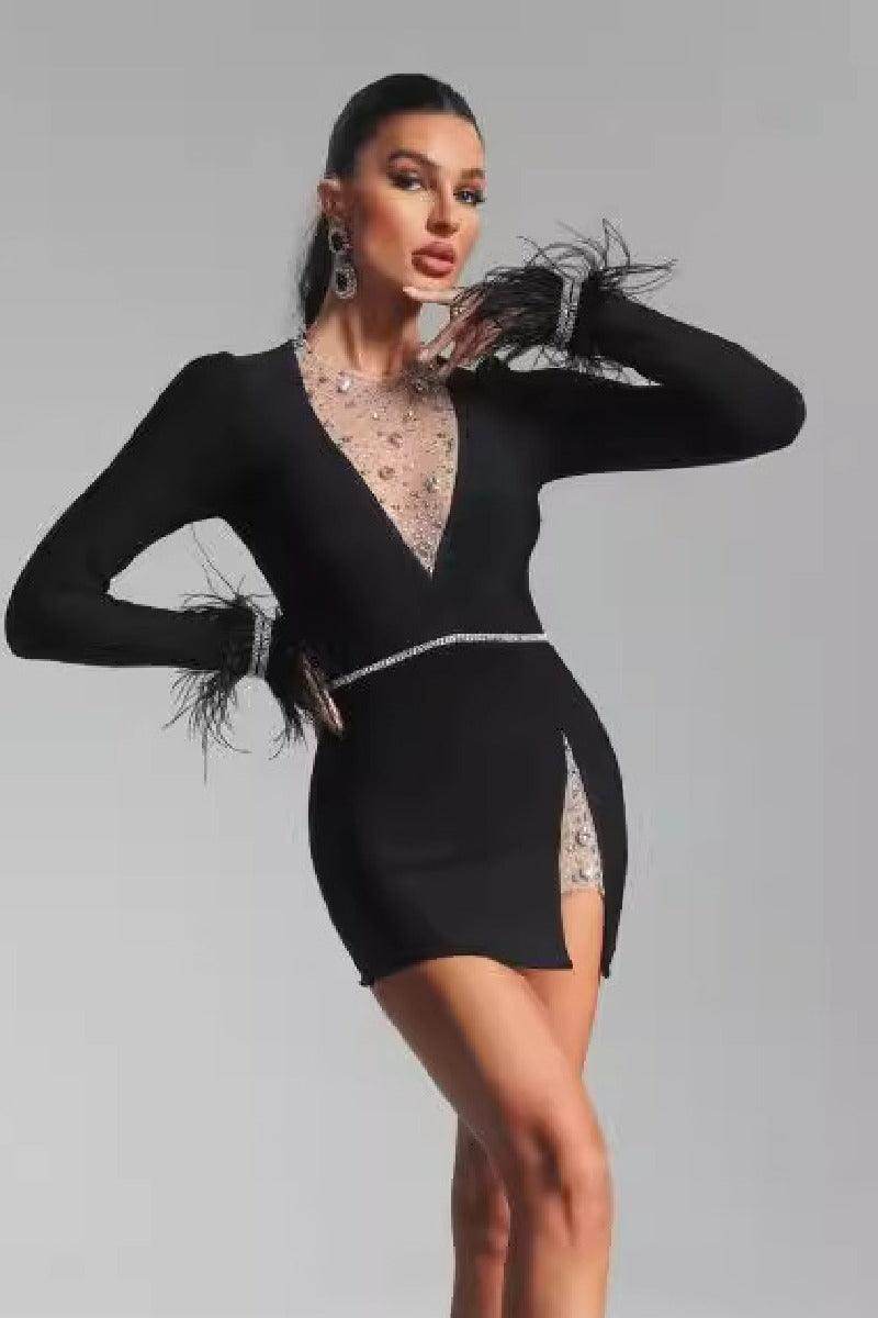 Feathered long sleeve little black dress bandage cocktail dress 799166656038 - COCOMELODY