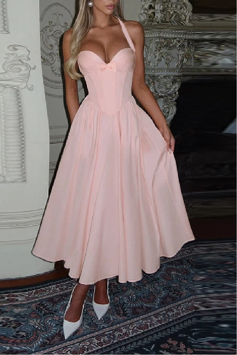 A-Line Tea Length Satin Wedding Guest Dress 973789759252