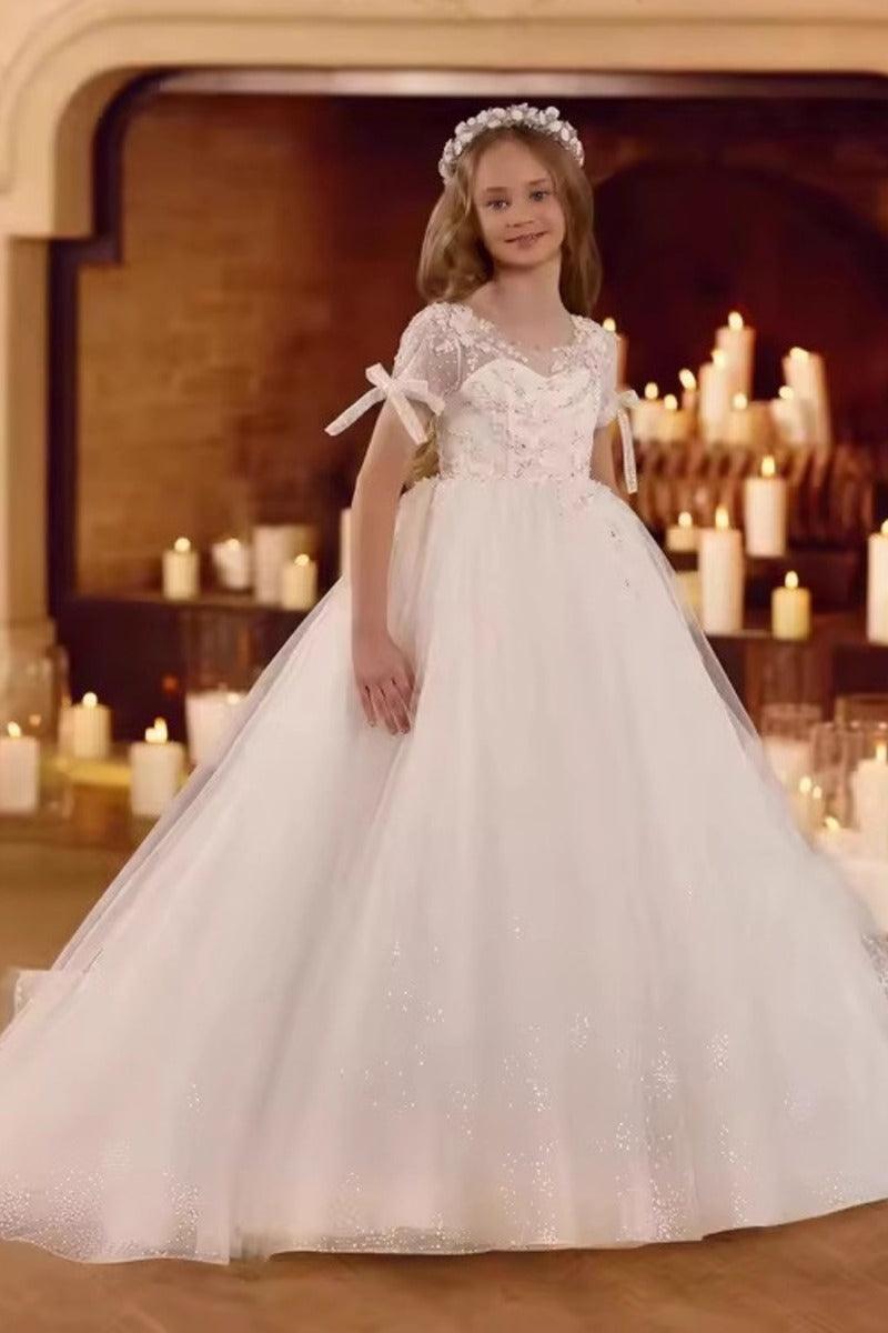 A-Line Bow Cuff Tulle Sweep-Brush Train Flower Girl Dresses 895011114088 - 10 Days / White / 2 - COCOMELODY