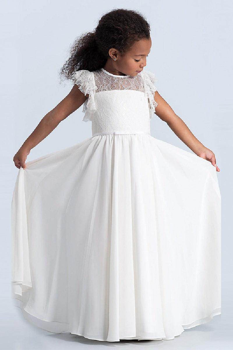 A-Line Illusion Neck Chiffon Flower Girl Dress COCOMELODY 642898843181, 10 Days / Ivory / 140cm