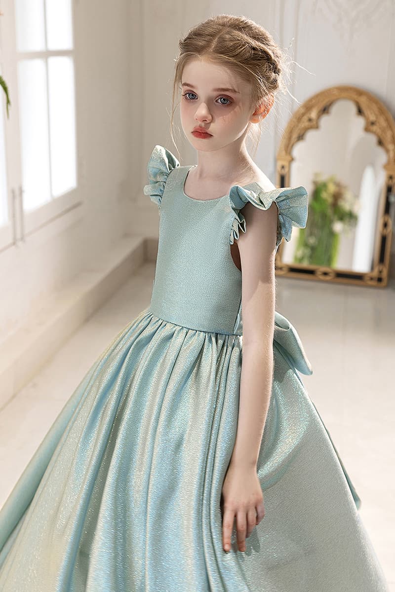 Glitter Fabric Gown Ruffle Sleeves Bow Floor Length Flower Girl Dresses 916560252784