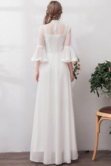 A-Line Floor Length Lace Chiffon Wedding Dress 675587354668 - COCOMELODY