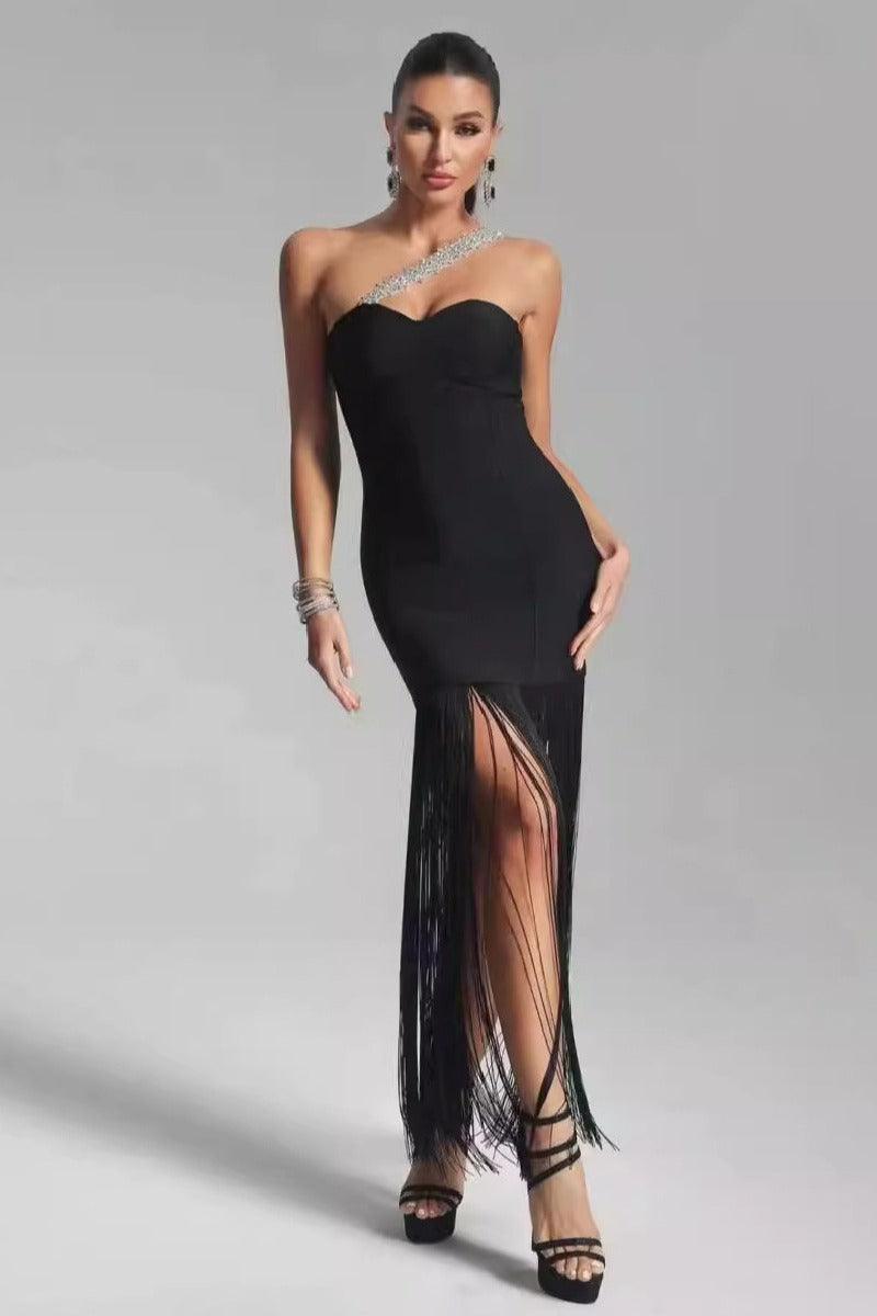 Tassel patchwork chest bandage cocktail dress 827186582328 - COCOMELODY