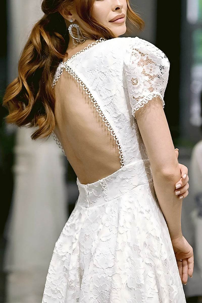 A-Line Tea Length Lace Little White Dress 100020 - COCOMELODY