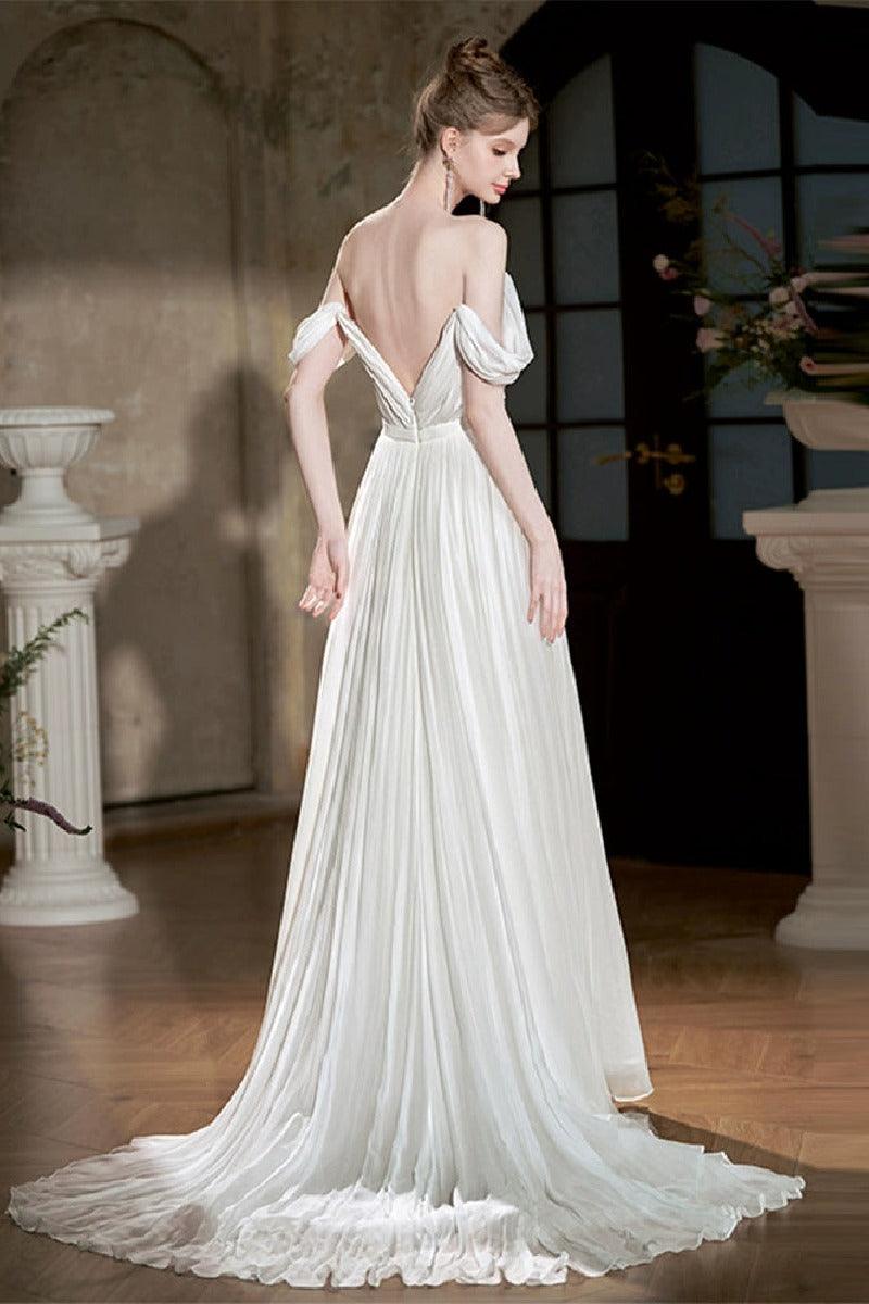 A-Line Sweep-Brush Train Chiffon Wedding Dress 811880629978 - COCOMELODY