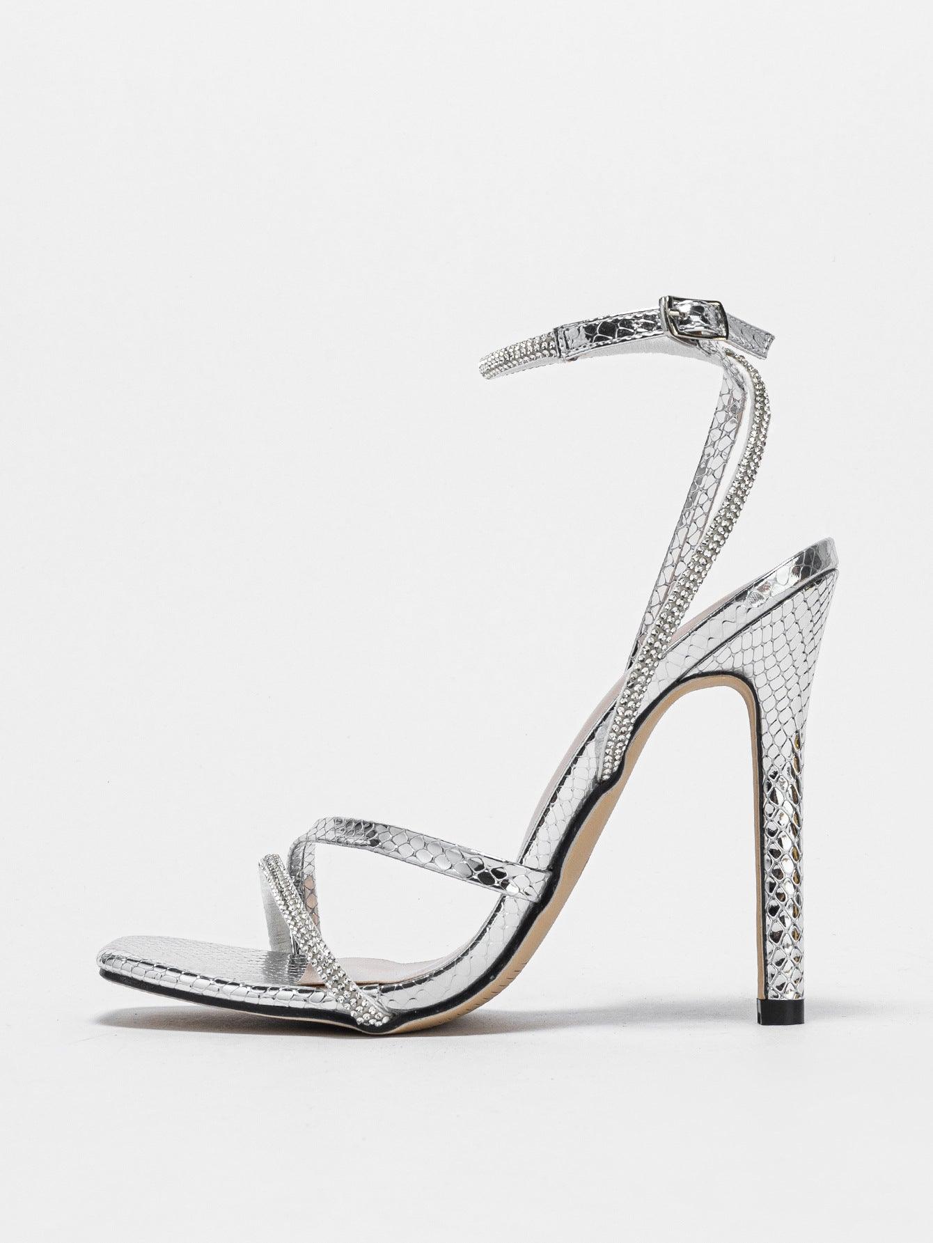 Rhinestone Ankle Strap Square Sandals 776233587688 - COCOMELODY