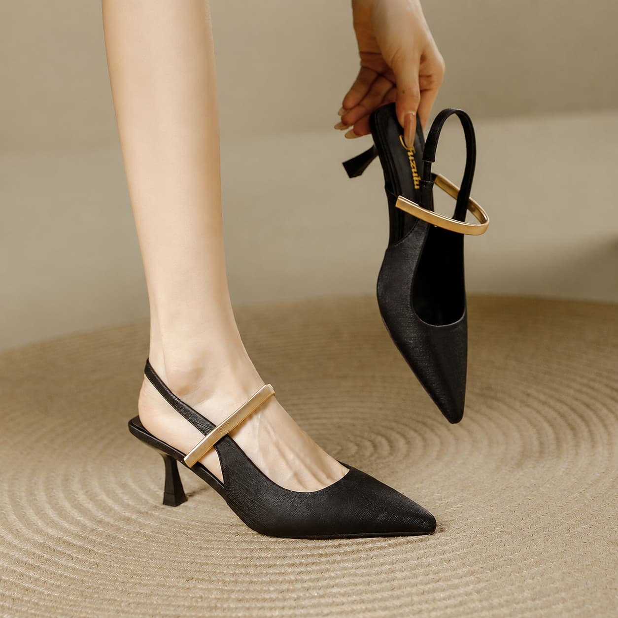 Pointed Toe Mary Jane Slingback Heel Single Strap Kitten Heel Shoes 1058281370087